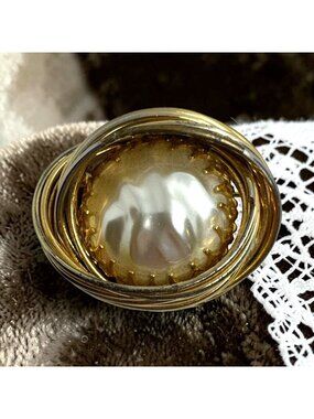 Vintage Kramer of New York Baroque Faux Pearl Swirl Brooch Gold Tone Signed Pin